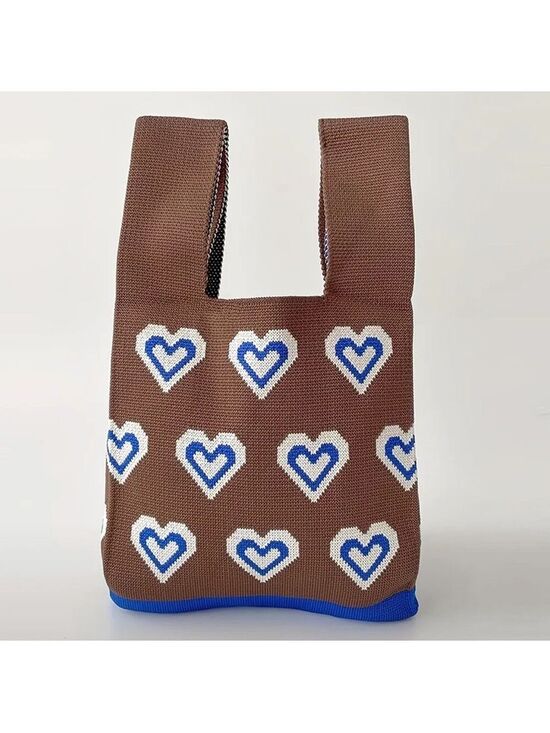 Boutique Handbags - Heavy Woven Knit Heart Pattern Tote Purse Bag Japanese Knot  Closure Style